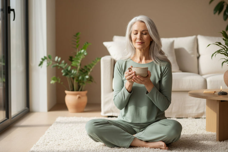 Frau über 50 macht sanfte Yoga-Übungen auf Yogamatte – Wellness und Entspannung