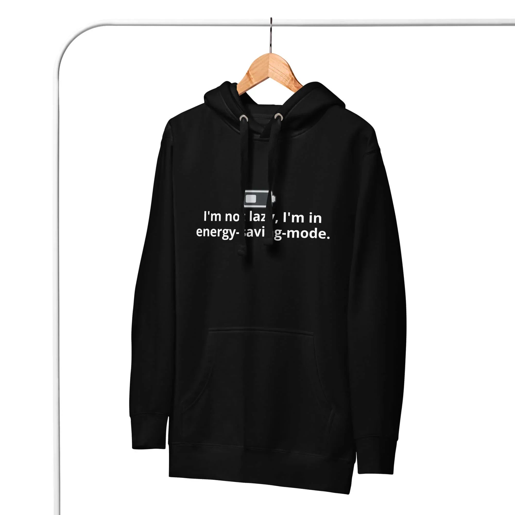 Schwarzer Unisex-Kapuzenpullover Vorderansicht - Premium Hoodie mit Kängurutasche 