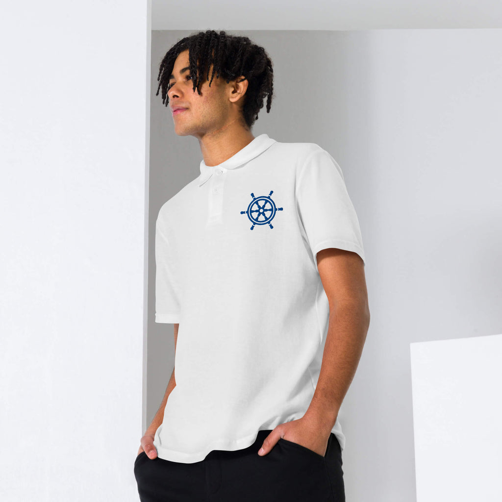 Klassisches Unisex Piqué-Poloshirt in Weiß – Frontansicht
