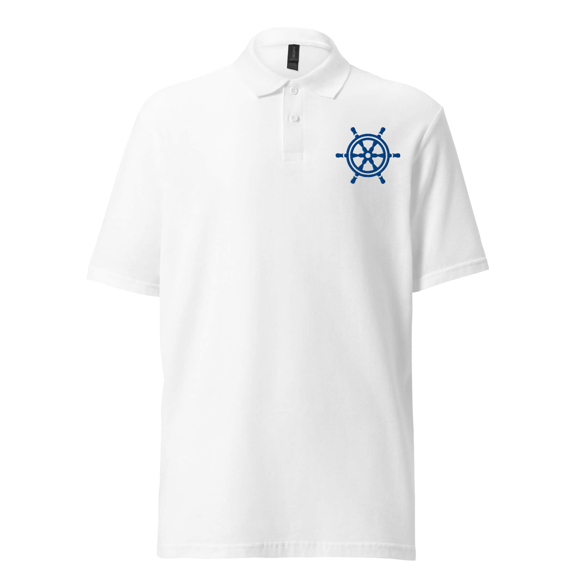 Weißes Piqué-Poloshirt Unisex – Vorderansicht Detail
