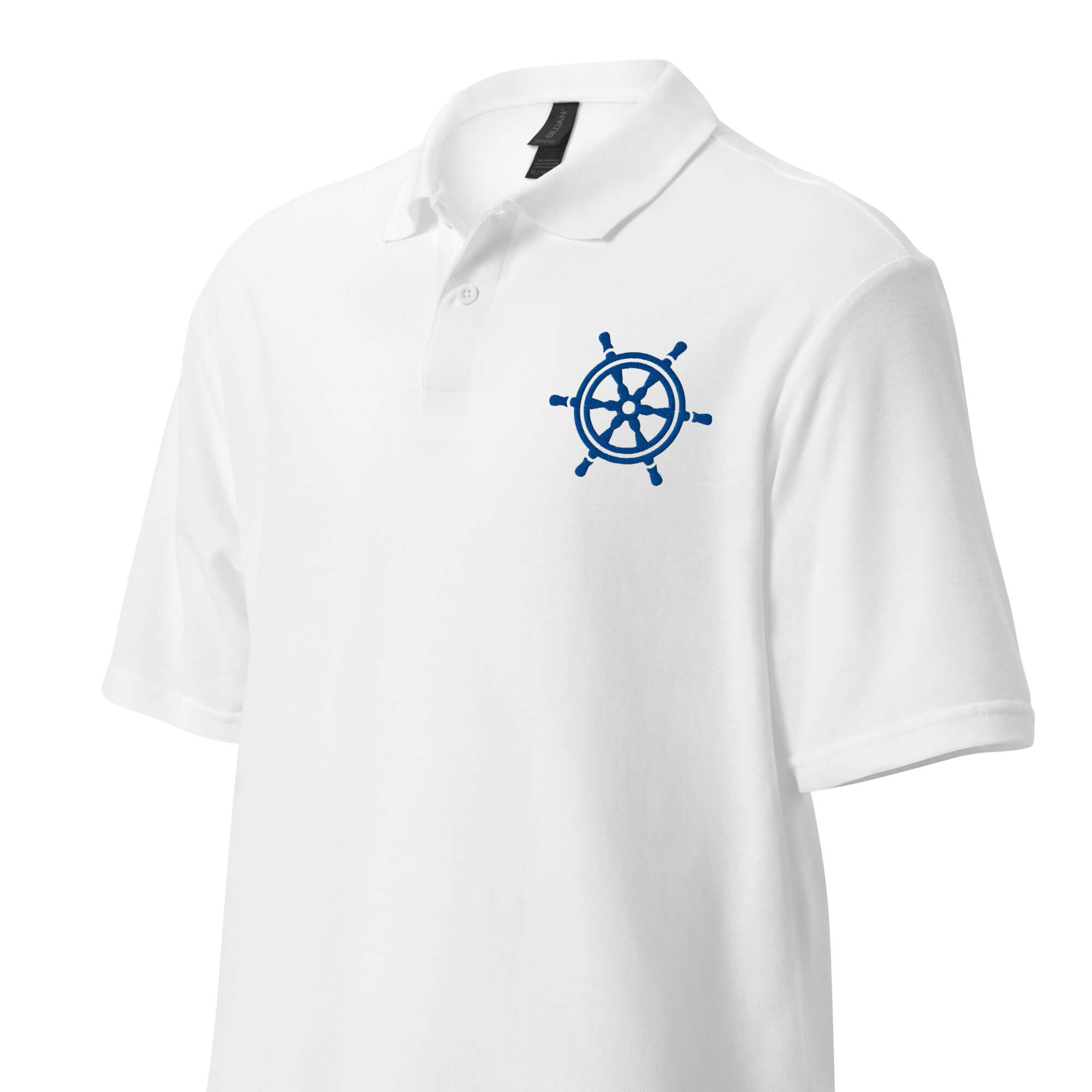 Klassisches Poloshirt Unisex weiß – linke Frontansicht schräg