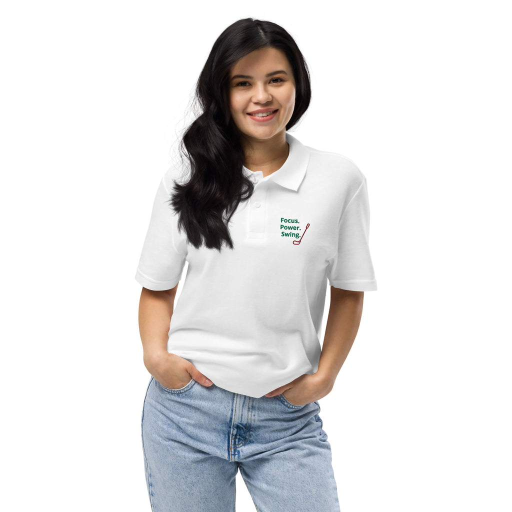 Klassisches Unisex Piqué-Poloshirt in Weiß – Frontansicht
