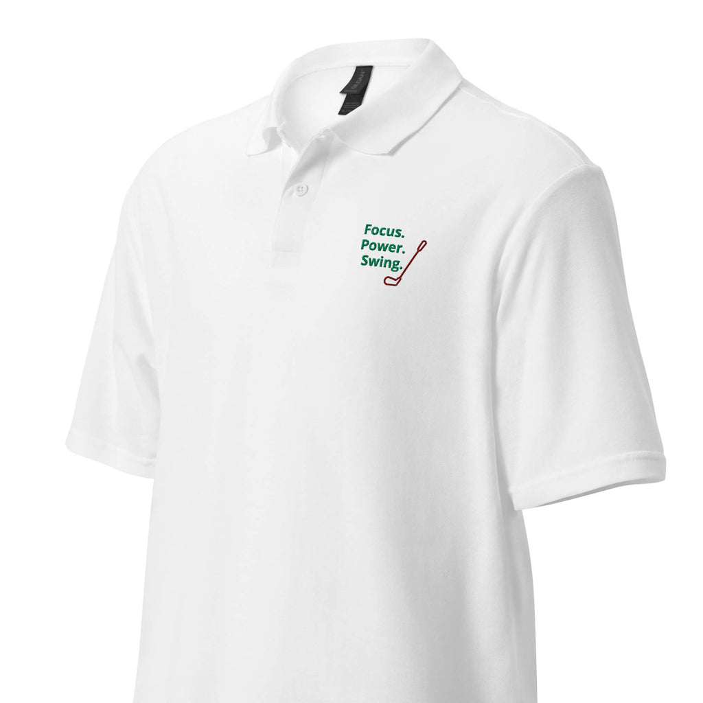 Klassisches Poloshirt Unisex weiß – linke Frontansicht schräg
