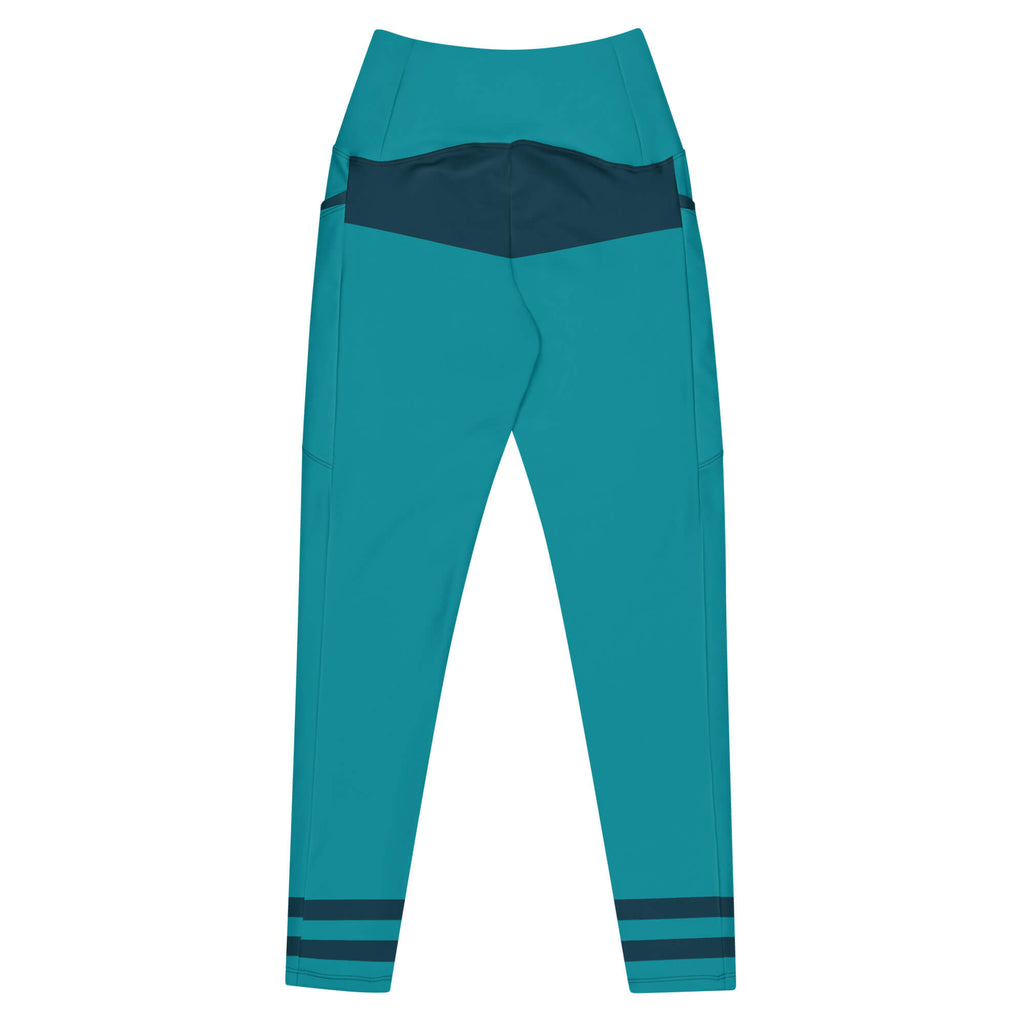 Türkisfarbene Leggings mit dunkelblauem Akzent unter dem hohen Bund, Rückansicht.