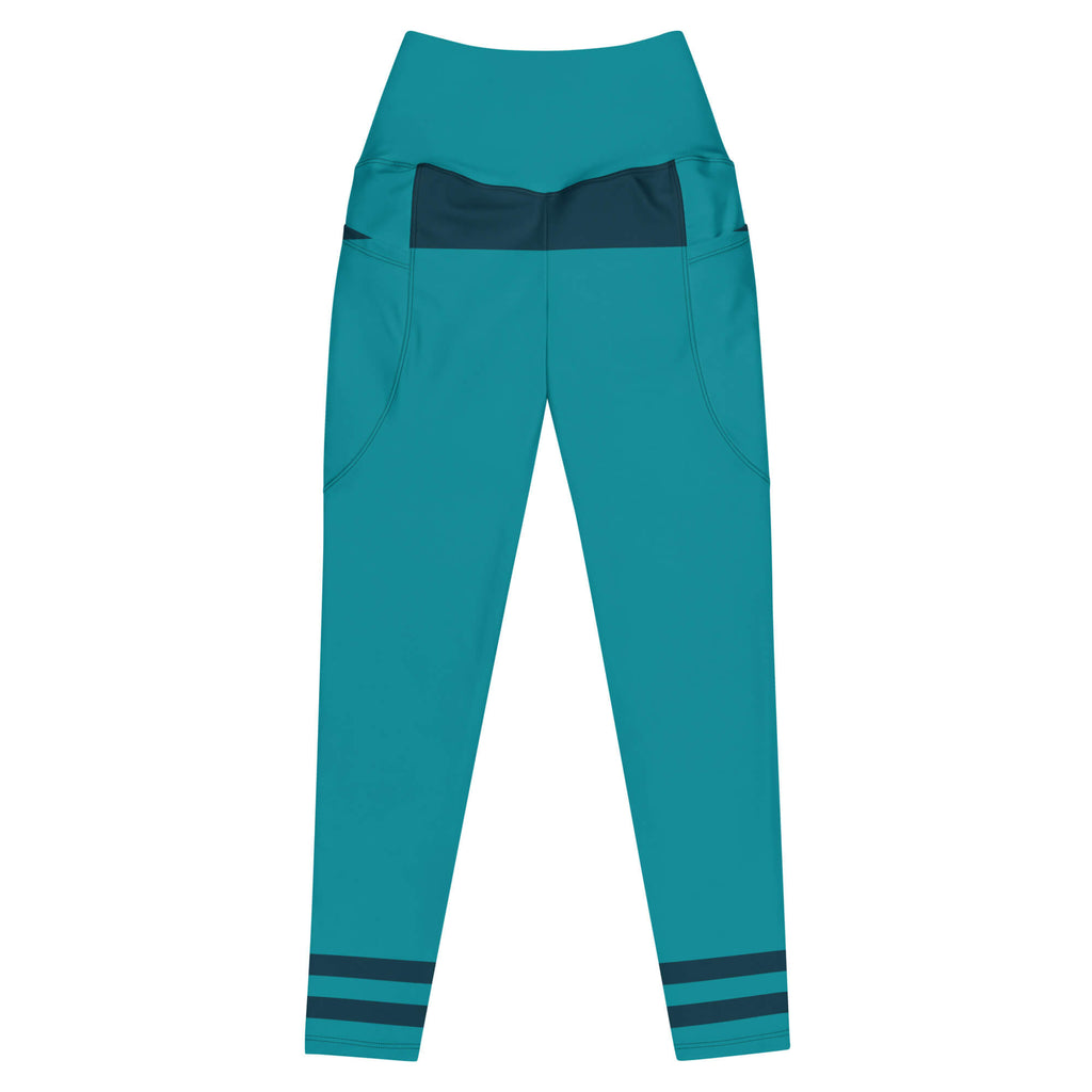 Türkisfarbene High-Waist-Leggings mit dunkelblauen Akzenten und Seitentaschen, Vorderansicht.