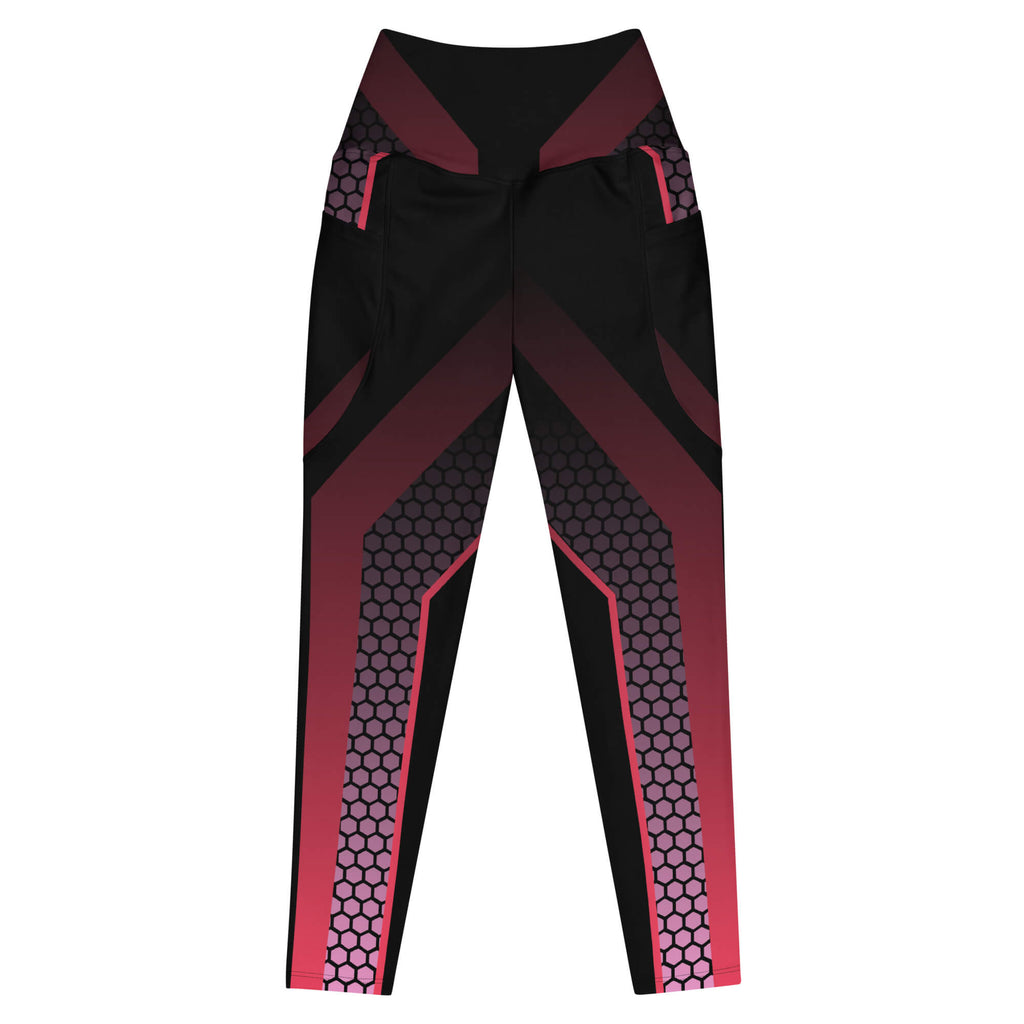 Vorderansicht der High-Waist-Leggings mit Taschen und Wabenmuster in Schwarz, Bordeaux und Pink, ohne Model