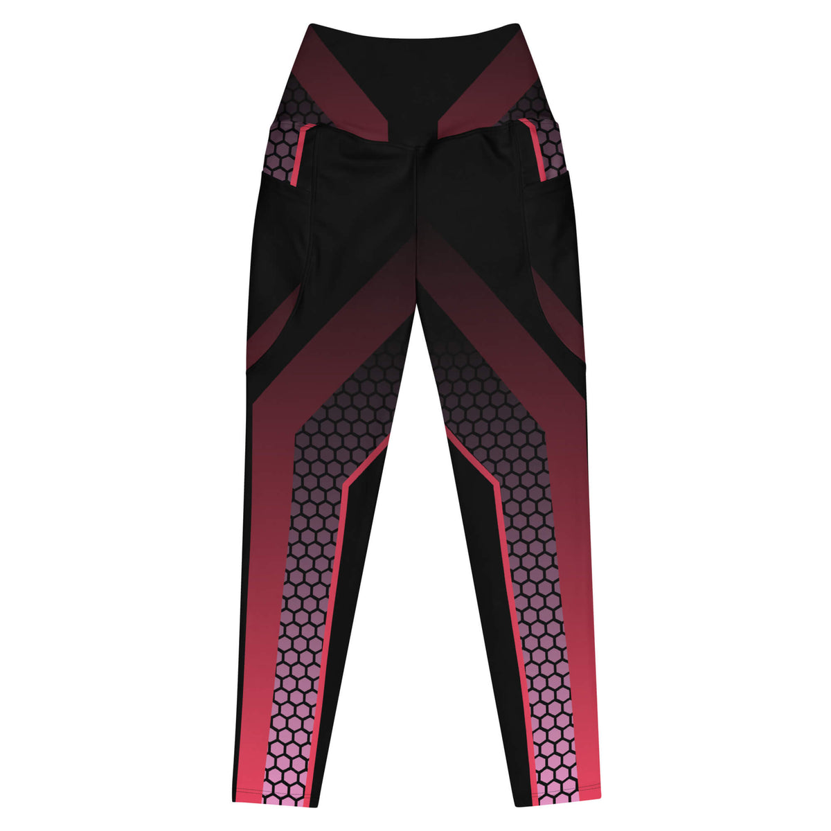 Vorderansicht der High-Waist-Leggings mit Taschen und Wabenmuster in Schwarz, Bordeaux und Pink, ohne Model