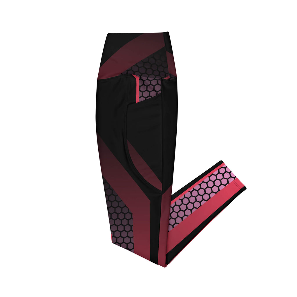 Seitenansicht der schwarz-bordeauxfarbenen Leggings mit Seitentasche und angewinkeltem Hosenbein, ohne Model