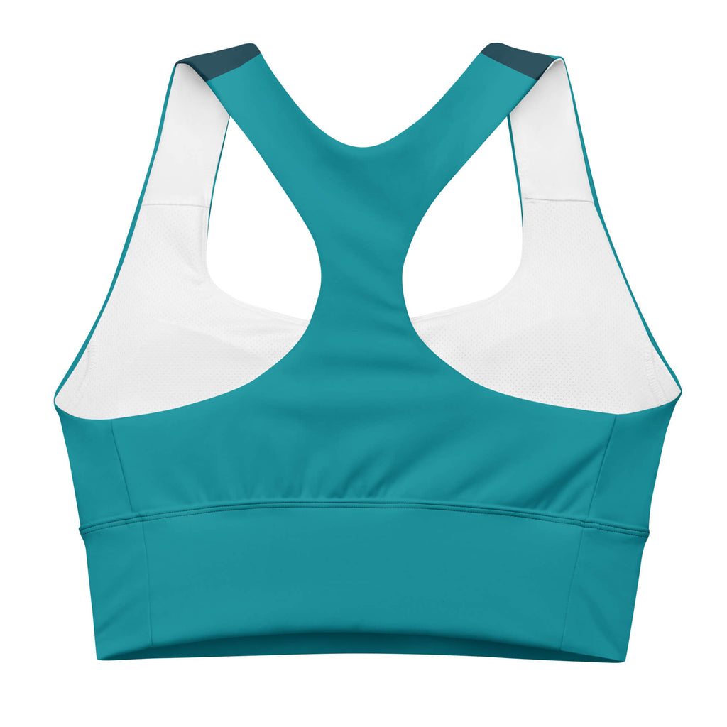 Rückansicht des türkisfarbenen Longline-Sport-BHs mit Racerback und breitem Bund.