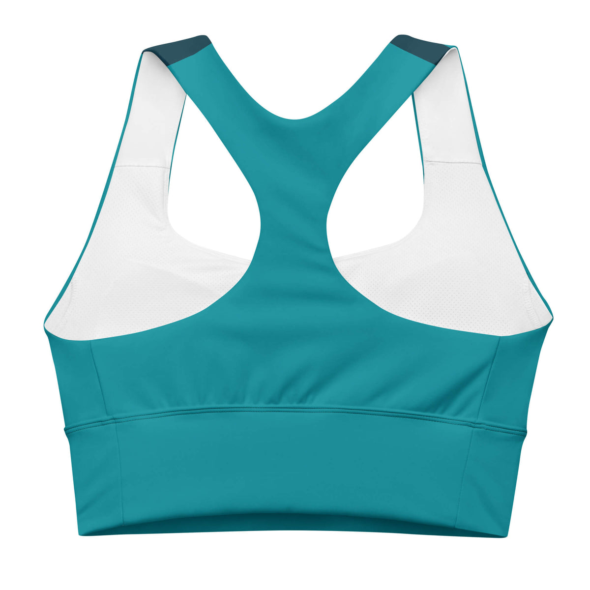 Rückansicht des türkisfarbenen Longline-Sport-BHs mit Racerback und breitem Bund.