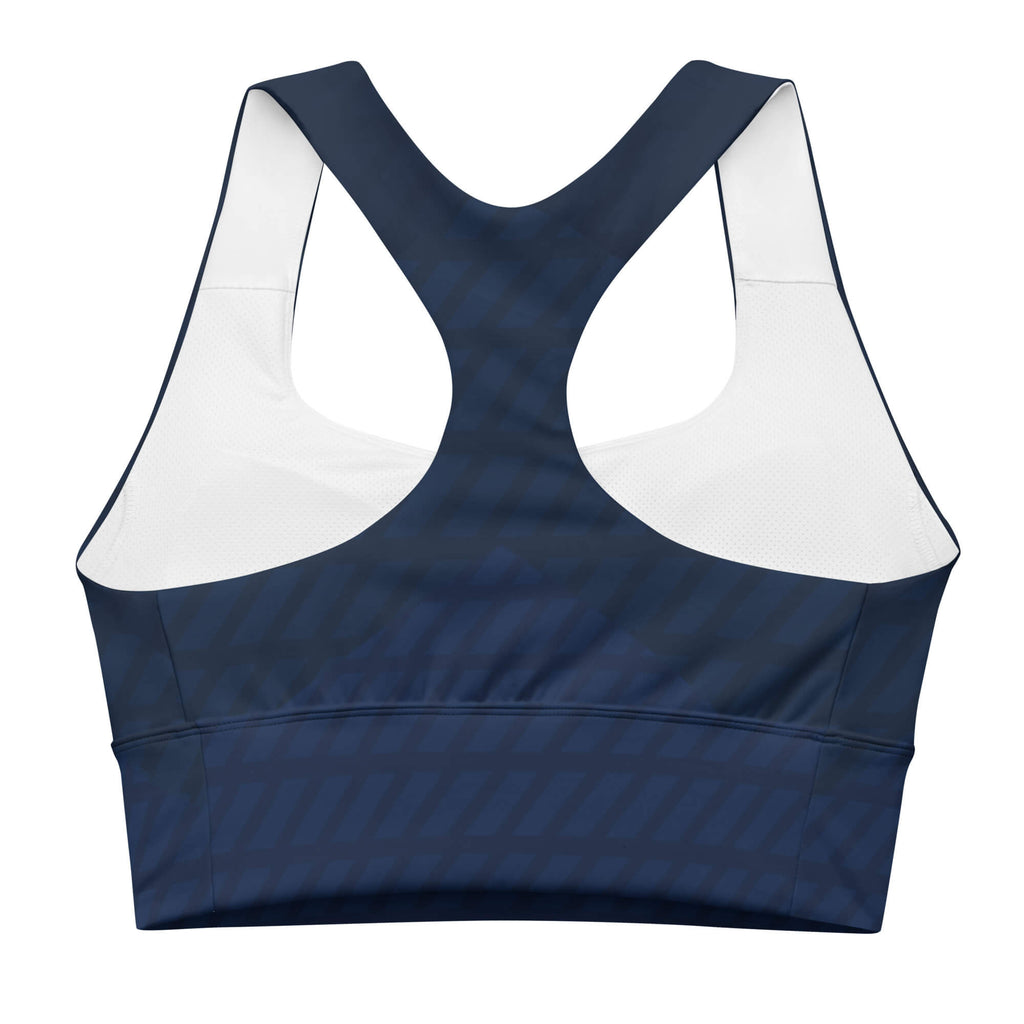 Freigestellt von hinten: Dunkelblauer Longline-Sport-BH mit Racerback und breitem Bund, Rückansicht.