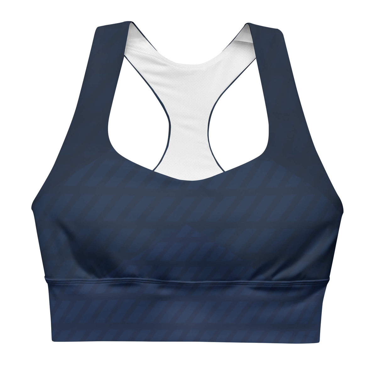 Freigestellt von vorne: Dunkelblauer Longline-Sport-BH mit breiten Trägern, Vorderansicht.
