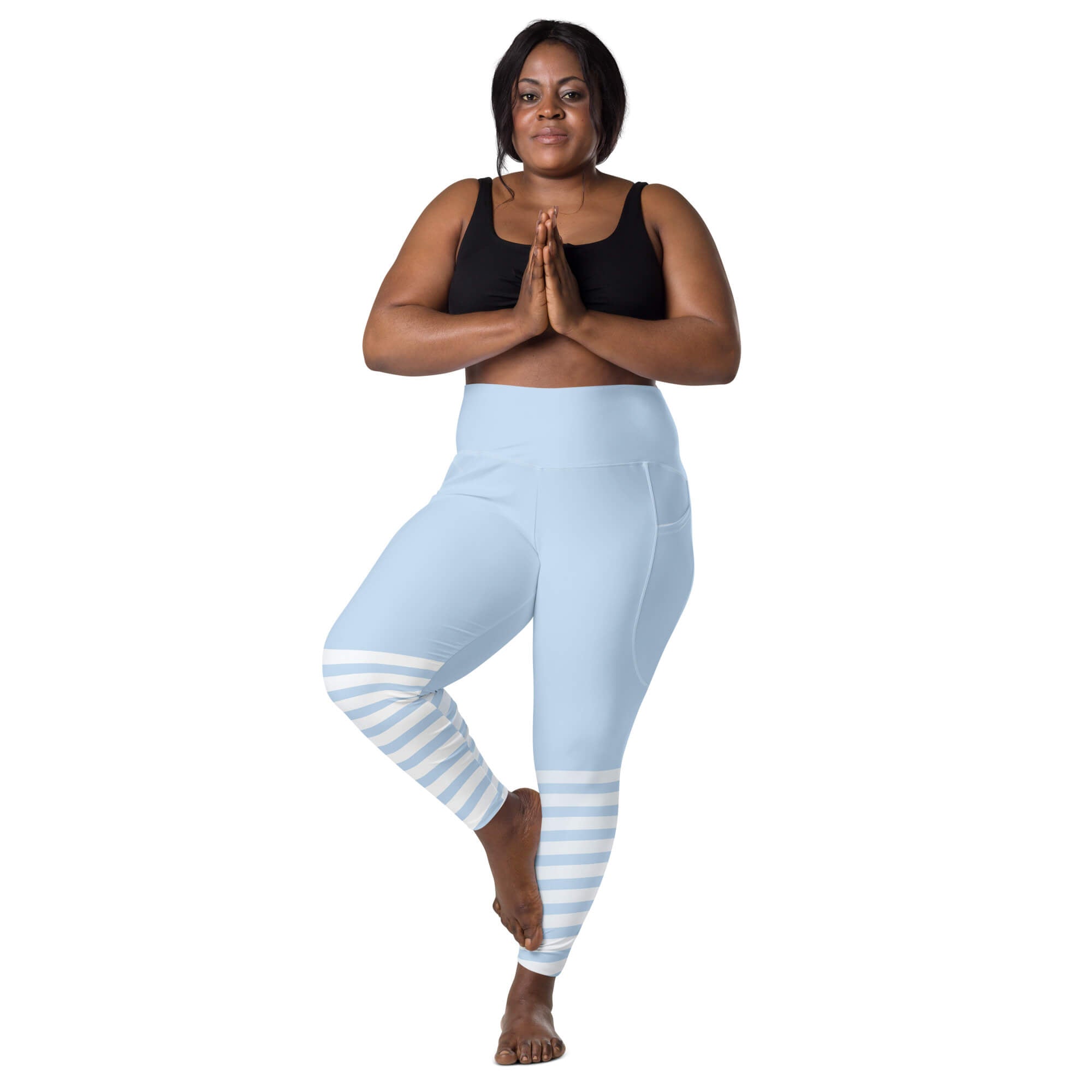 Himmelsblau Leggings Seitenansicht – weiße Streifen und Seitentasche | famora-style