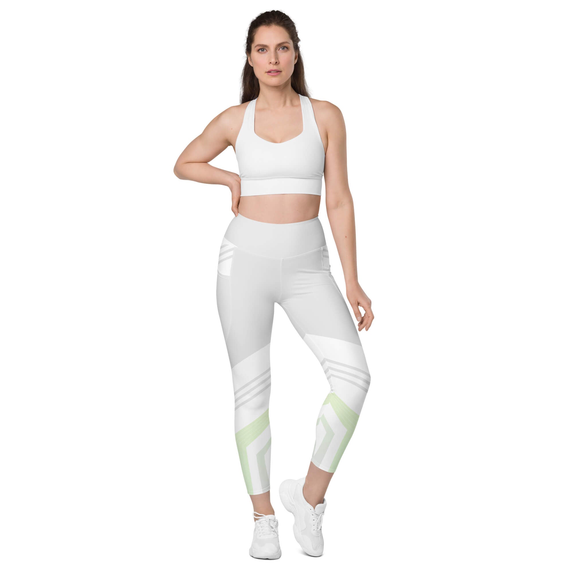 Freie Bewegung Leggings Weiß Mint – High-Waist Yoga-Leggings mit Taschen Frontansicht | famora-style