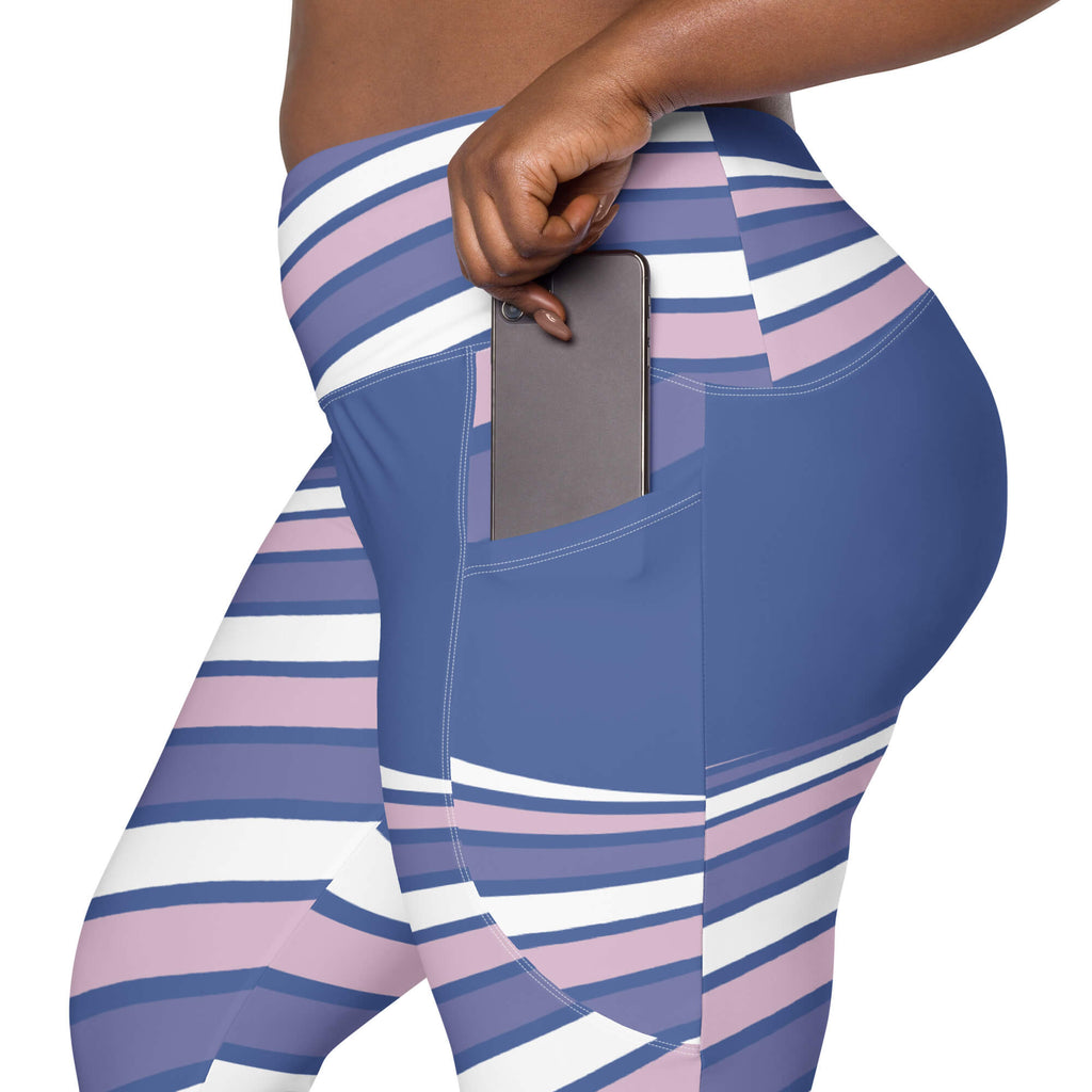 Abendrot Leggings Detail – Seitentasche blau-rosa Streifendesign | famora-style