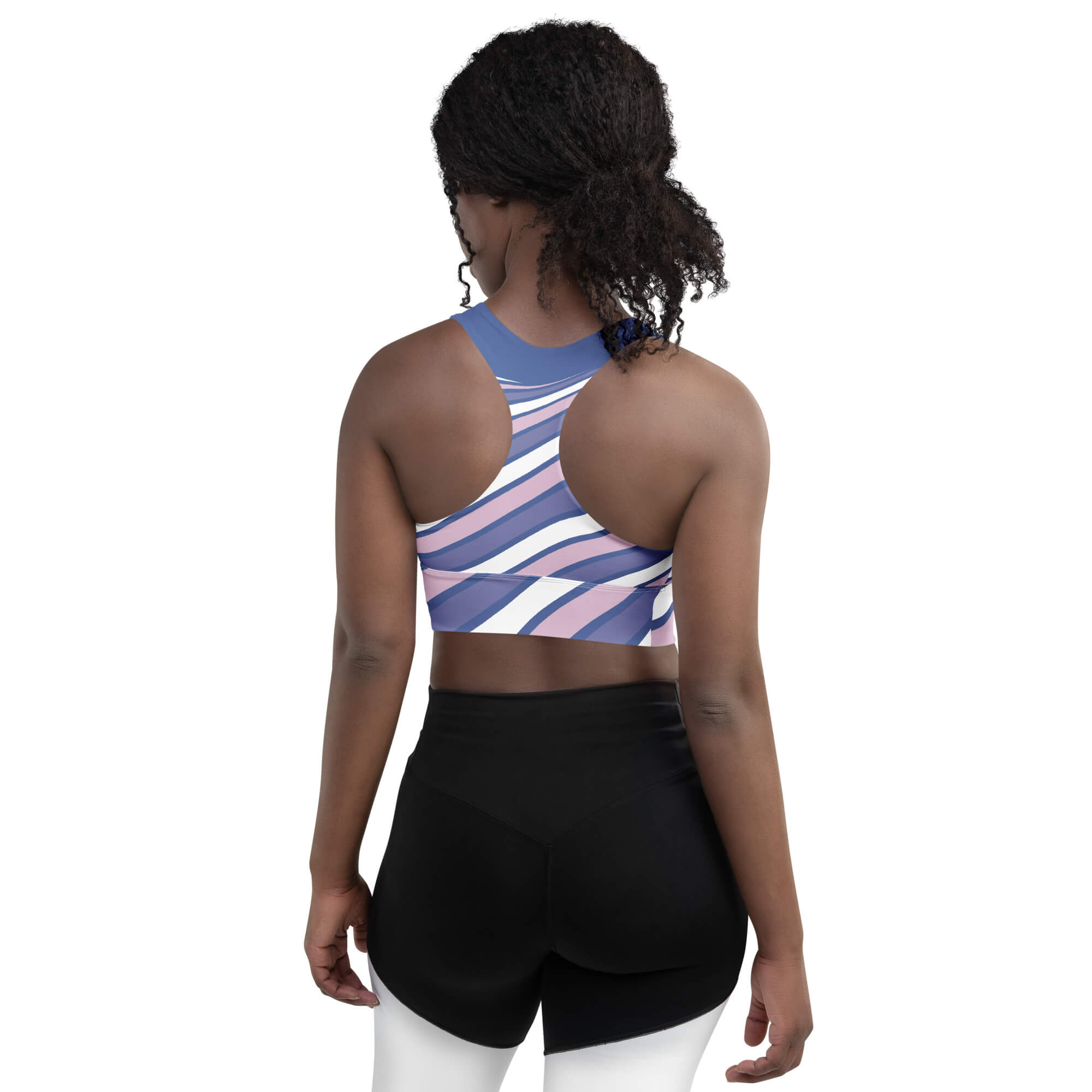 Abendrot Sport-BH Rückansicht Racerback – diagonale Streifen blau-rosa-weiß | famora-style