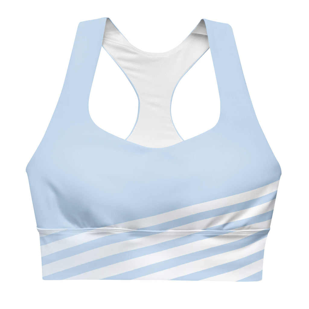 Himmelsblau Sport-BH Frontansicht – Longline Schnitt für Yoga und Reiten | famora-style