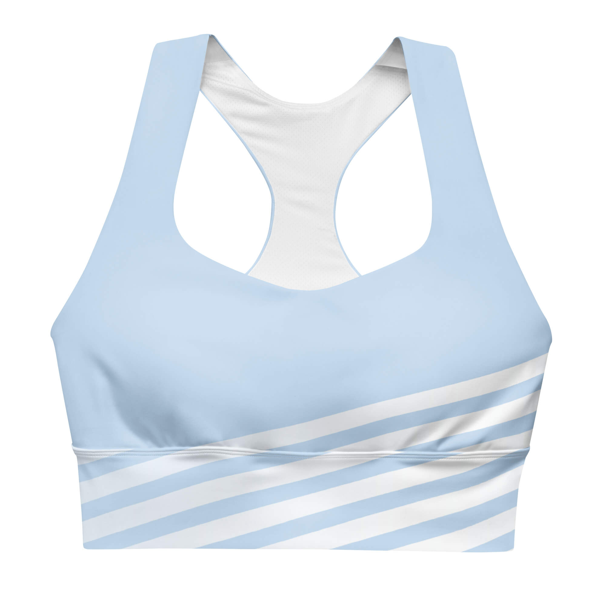 Himmelsblau Sport-BH Frontansicht – Longline Schnitt für Yoga und Reiten | famora-style